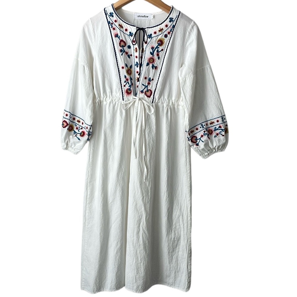 Shineflow Off White Embroidered Peasant Dress Size S